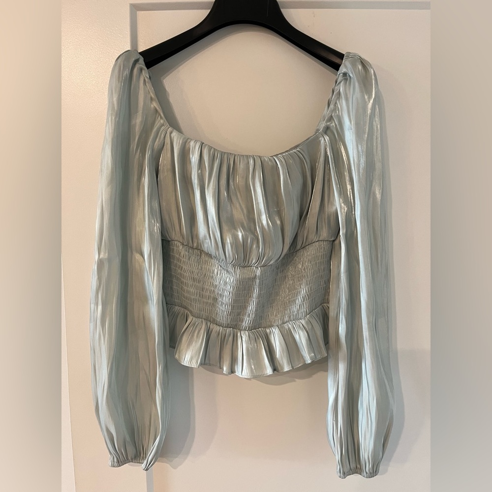 Baby blue, silk, long sleeve, blouse